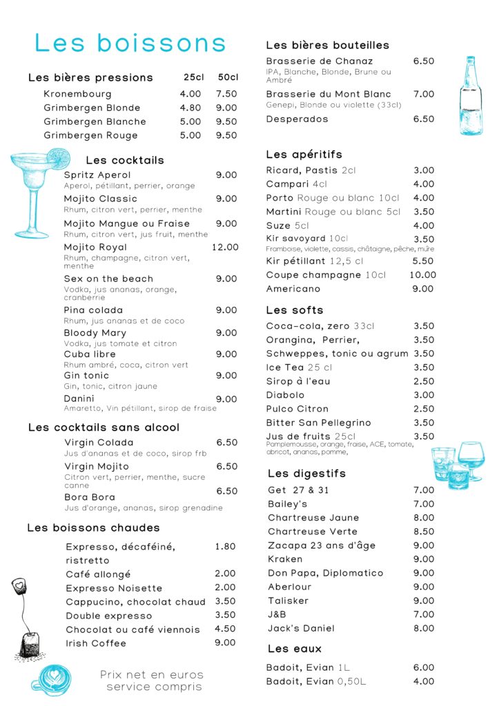 La carte des boissons du restaurant l'Ecluse à Chanaz