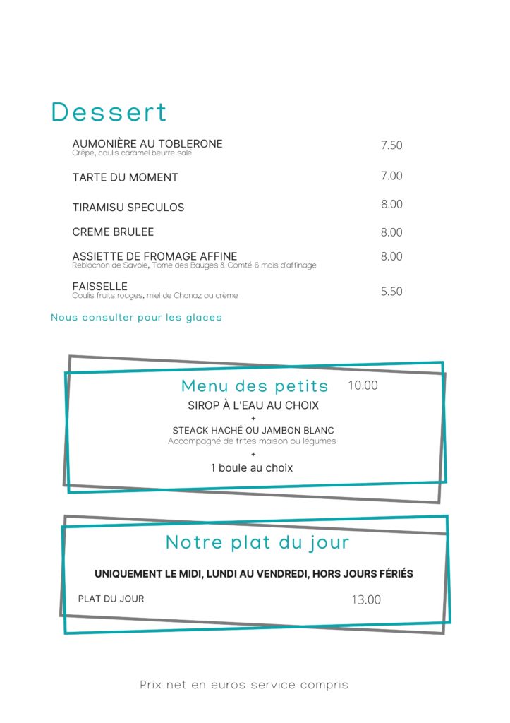 La carte des desserts et menu du restaurant l'Ecluse à Chanaz